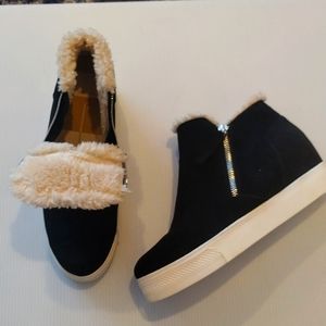 - Dolce Vita black suede high top bilateral zip faux fur sneakers